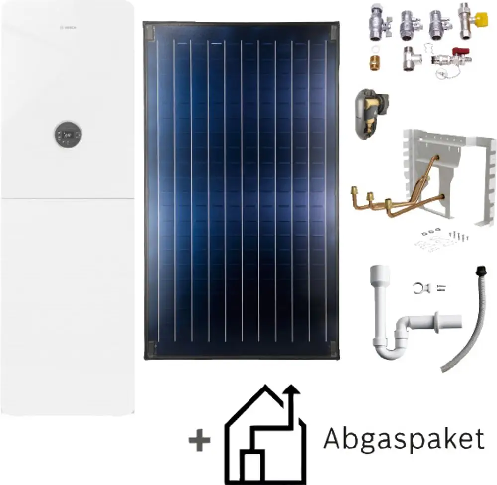 Gasgerät von Bosch mit Solarkollektor, Montagezubehör und Abgassystem. Komponenten für Heizungsinstallation in effizientem Design.